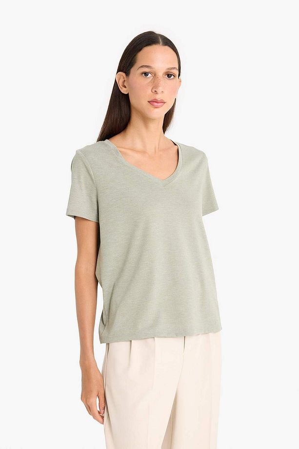 Regular Fit V Yaka Basic Düz Kısa Kollu Tişört F4214AXNS - 3