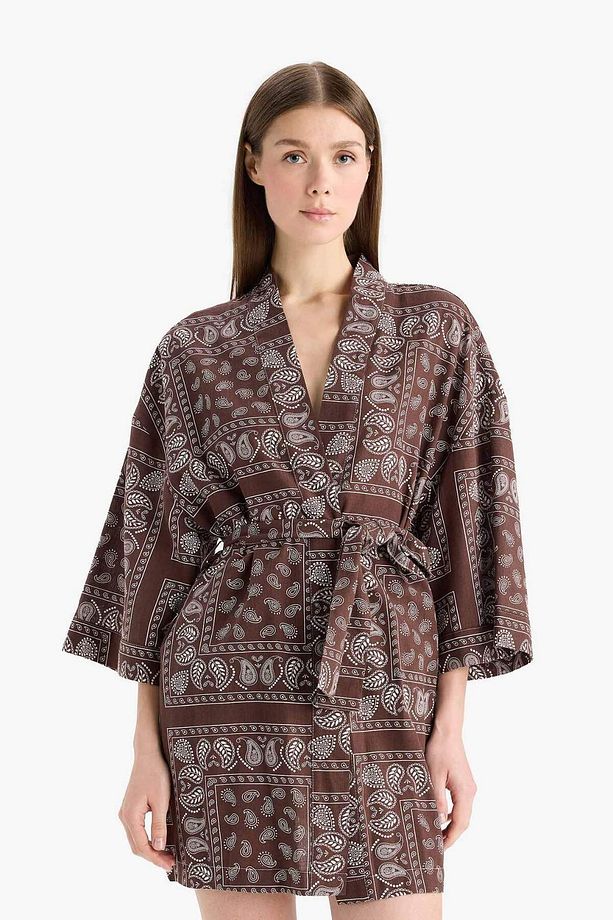 Regular Fit Desenli Kuşaklı Pamuklu Kimono-Fall in Love D0453AX25SP - 3