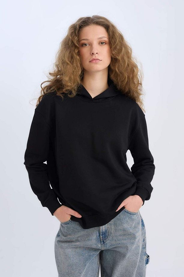 Loose Fit Kapüşonlu Basic Düz Kalın Sweatshirt E3862AX24WN - 3