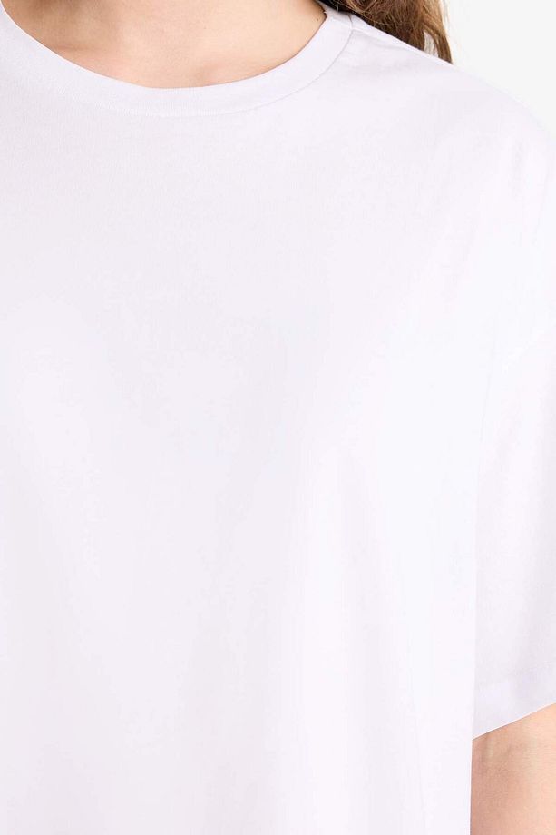 Oversize Geniş Kalıp Bisiklet Yaka Basic Düz Kısa Kollu Beyaz Tişört F3454axns - 5
