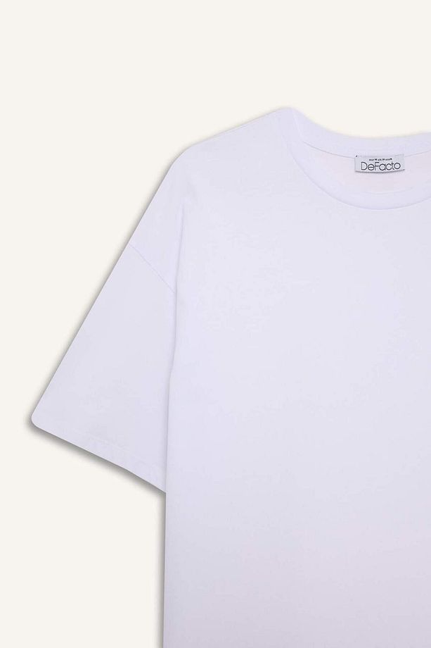 Oversize Geniş Kalıp Bisiklet Yaka Basic Düz Kısa Kollu Beyaz Tişört F3454axns - 8