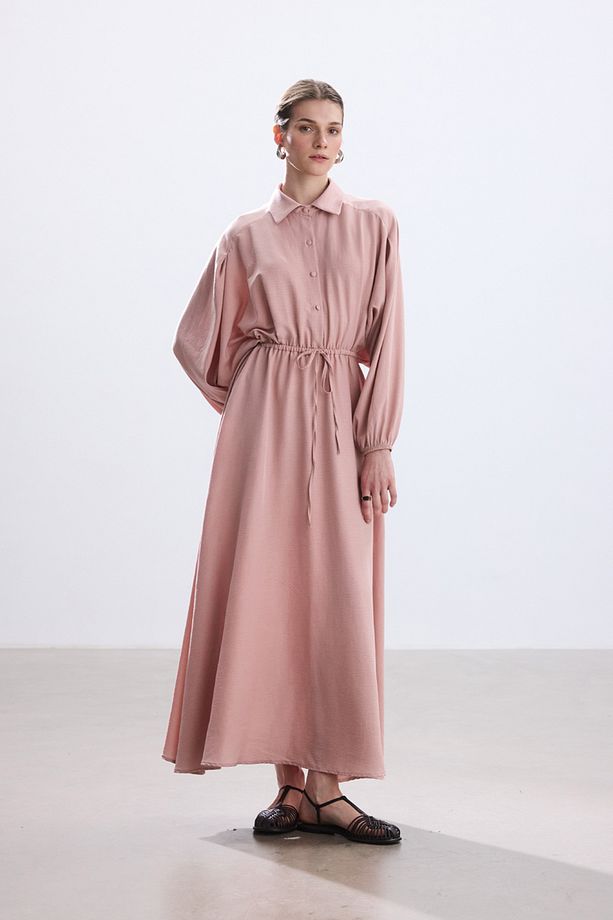 PASTEL PEMBE BELİ BÜZGÜLÜ ELBİSE - 2