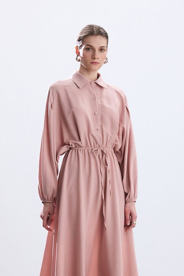 PASTEL PEMBE BELİ BÜZGÜLÜ ELBİSE - 3