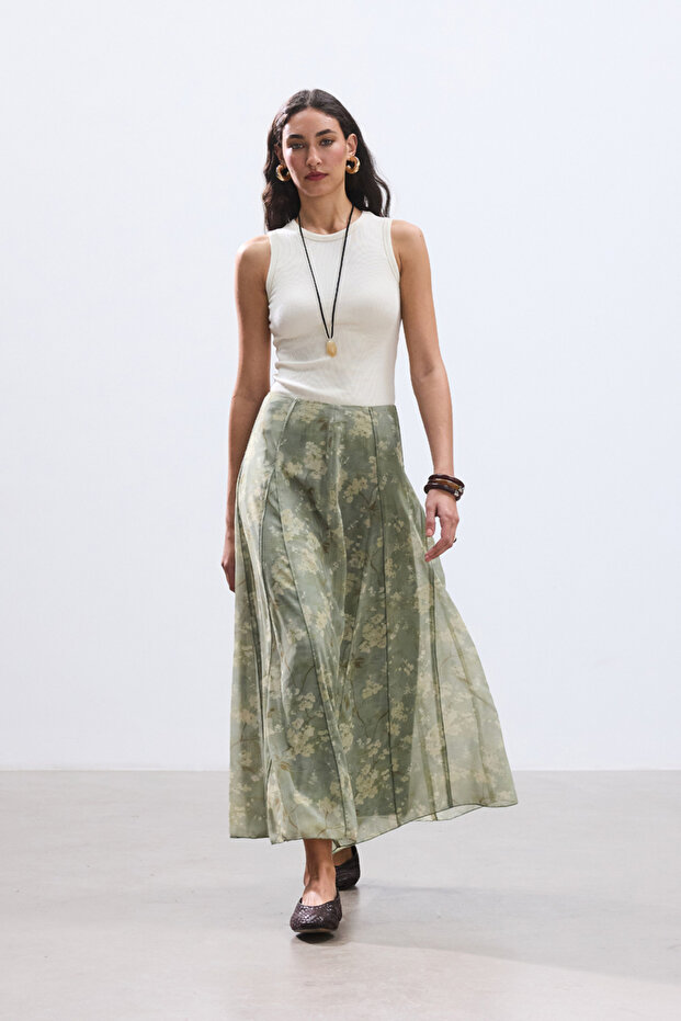 Pastel Green Floral Patterned Chiffon Skirt