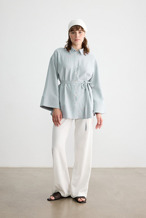 MAVİ DÜĞMELİ PAMUK KETEN GÖMLEK - 2