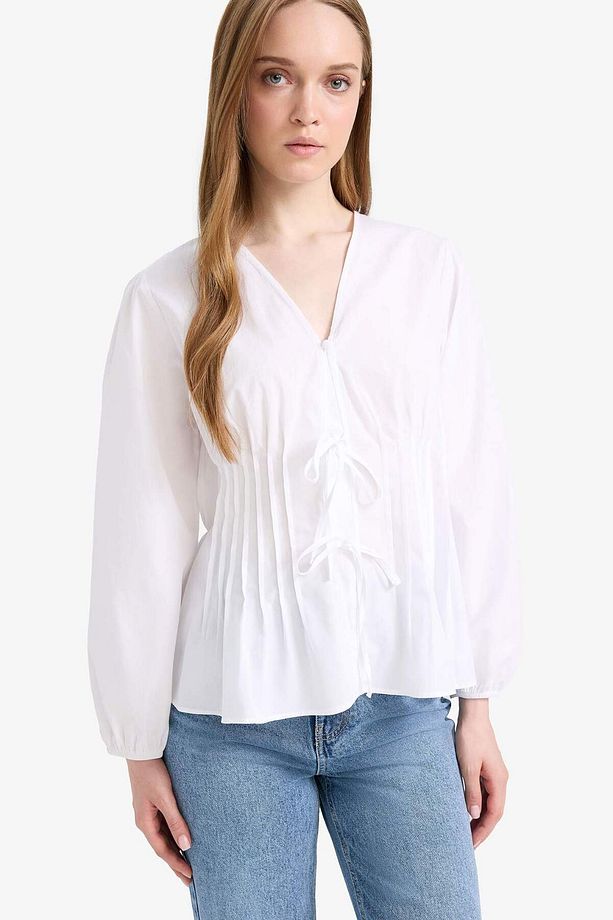 Regular Fit V Yaka Poplin Uzun Kollu Tesettür Bluz Tunik F2720AX25SM - 6