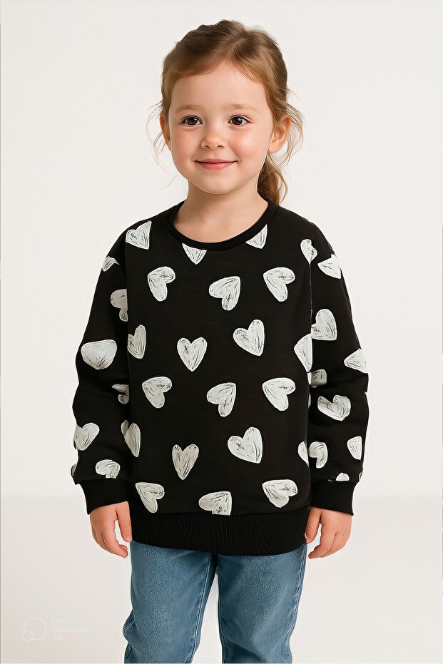 100% Cotton Heart Printed Girl's Sweatshirt - Dark Gray