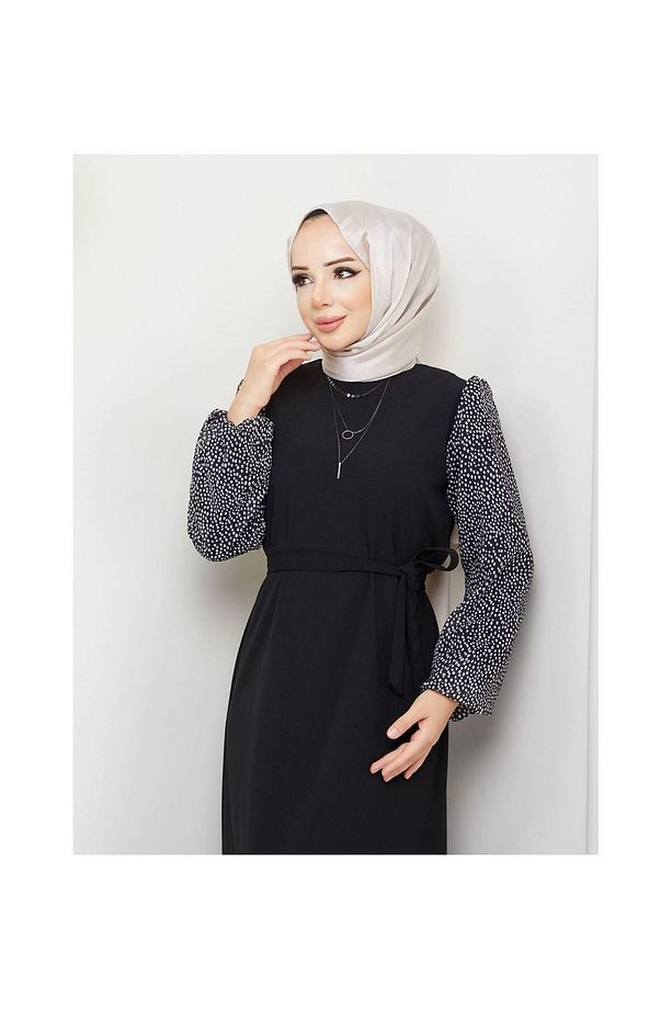Yuvarlak Desenli Şifon Kollu Tuğba Model Elbise - Siyah Siyah - 3