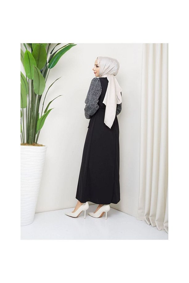 Yuvarlak Desenli Şifon Kollu Tuğba Model Elbise - Siyah Siyah - 8