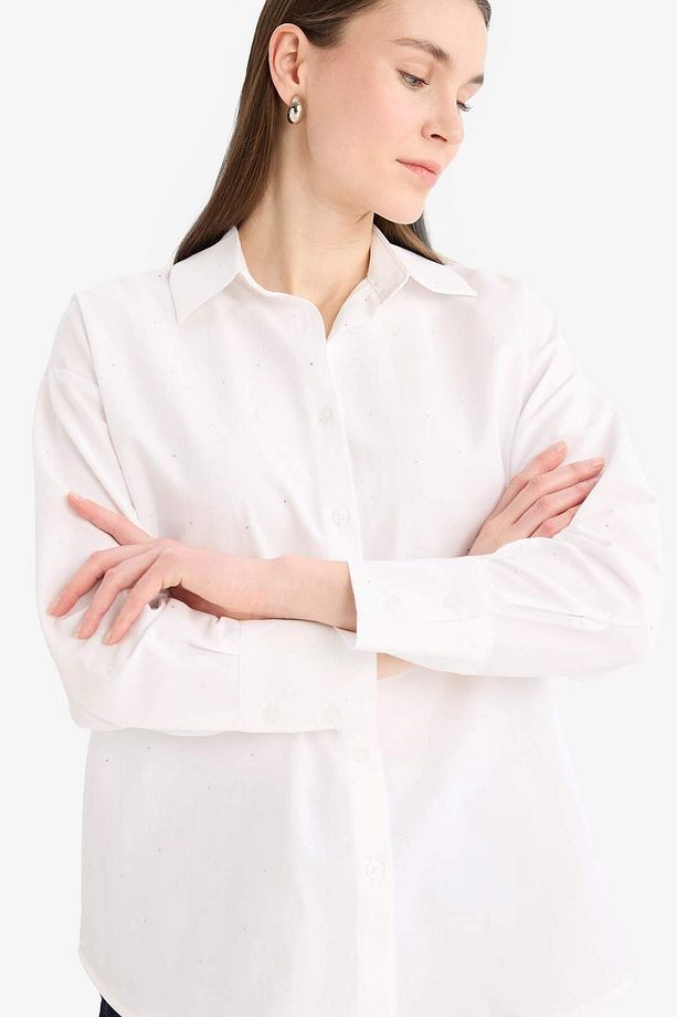 Relax Fit Basic Düz Poplin Uzun Kollu Tesettür Gömlek Tunik E7977ax25sm - 4