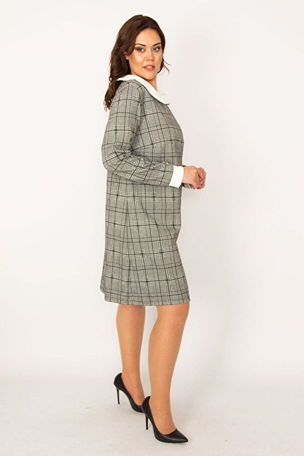 فستان نسائي منقوش بياقة أطفال باللون الرمادي مقاس كبير 65n33564 - 5