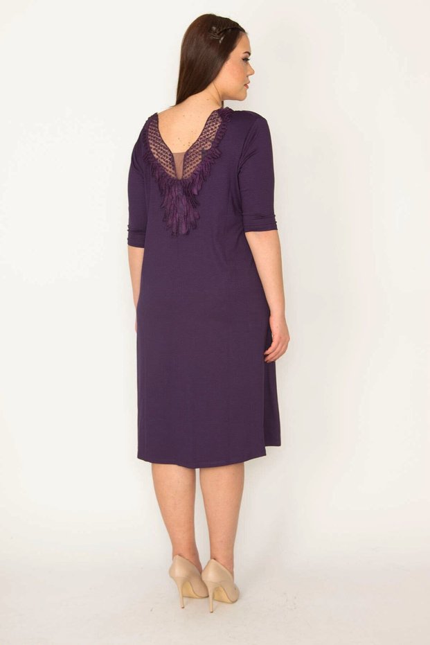 Women's Plus Size Purple Collar Tulle and Lace Detailed Dress 65n33040