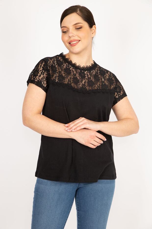 Women's Black Large Size Cotton Fabric Lace Blouse with Front Cloth and Sleeves 65n36080