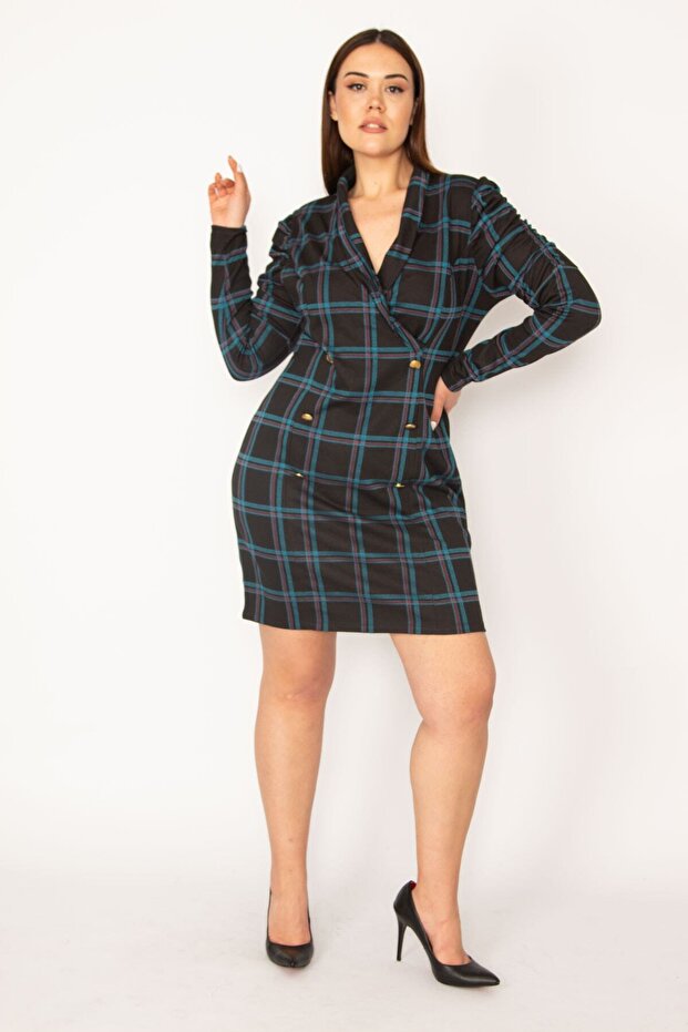 Women's Large Size Green Plaid Pattern Metal Button Double Breasted Dress 65n30544 - 3
