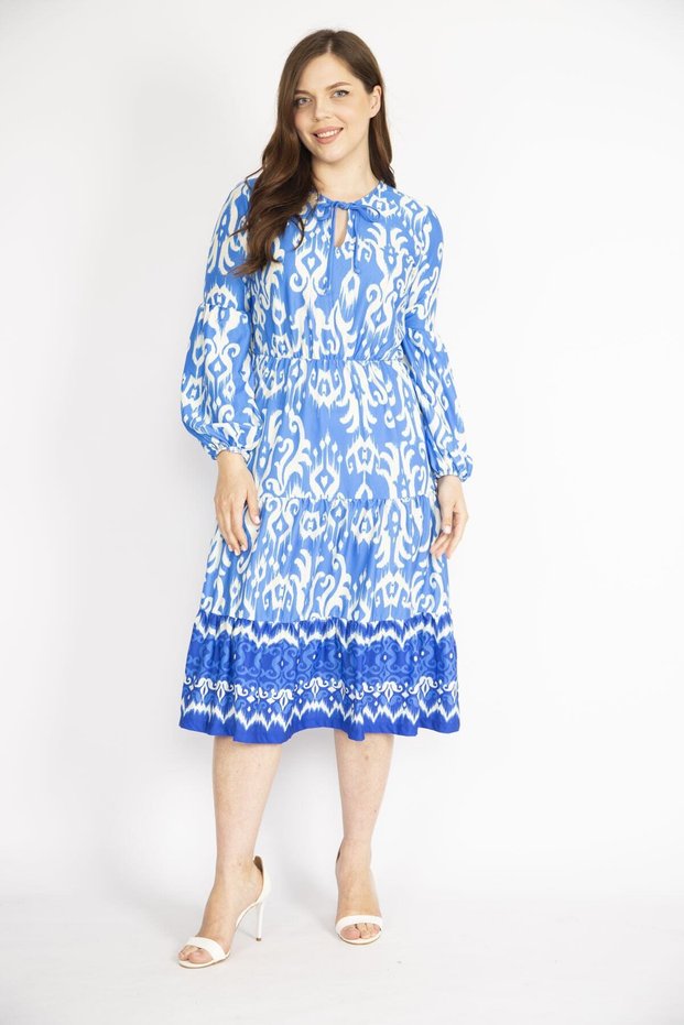 Women's Cobalt Blue Plus Size V-Neck Waist and Sleeve Rubber Detailed Floor Dress 65n36402