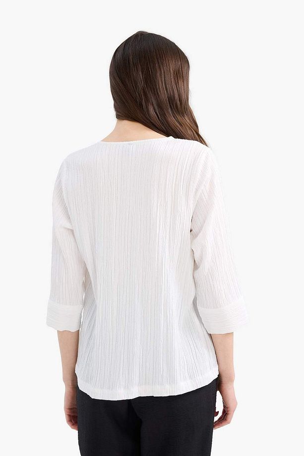 Regular Fit Kaçık Yaka Basic Düz Yarım Kollu Bluz F1752AX25SP - 5