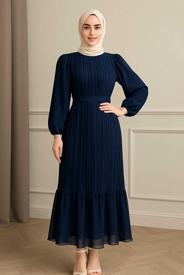Women's Pleated Chiffon Modest Dress
