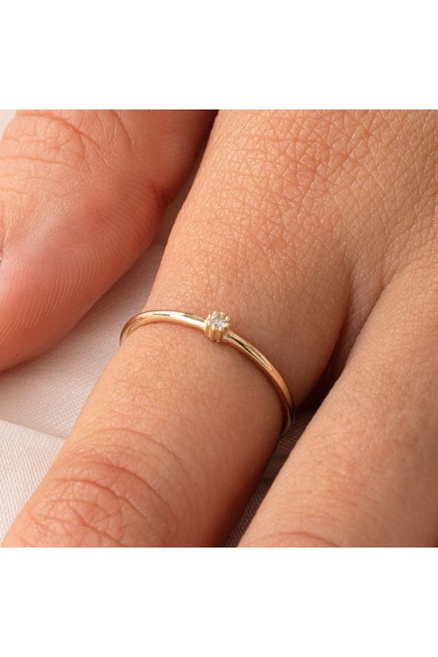 Minimal Altın Yüzük - 14 Ayar Altın 0.05 Ct Zirkon Taşlı Minimal Tektaş Evlilik Teklifi Yüzüğü - 3
