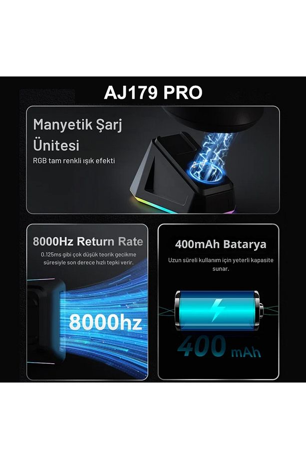 Aj179 Pro Kablosuz (3 modlu) 8K-26.000DPI Oyuncu Mouse PAW3395 Sensör RGB Manyetik Şarj İstasyonu - 5