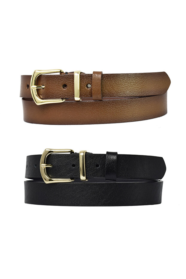 100% Genuine Leather Gold Buckle, Metal Bridge Set of 2 Black, Brown Women's Belt, 3 Cm=2pcs-kd-42