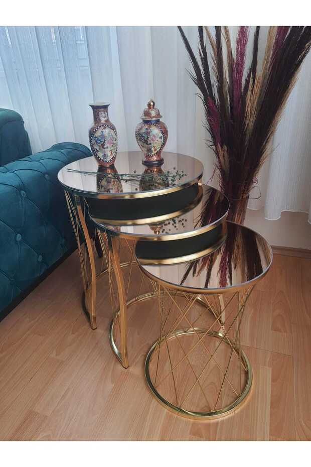 Ekübya Home Hasır C Üçlü Zigon Sehpa Gold Ayak Bronz Ayna - 1