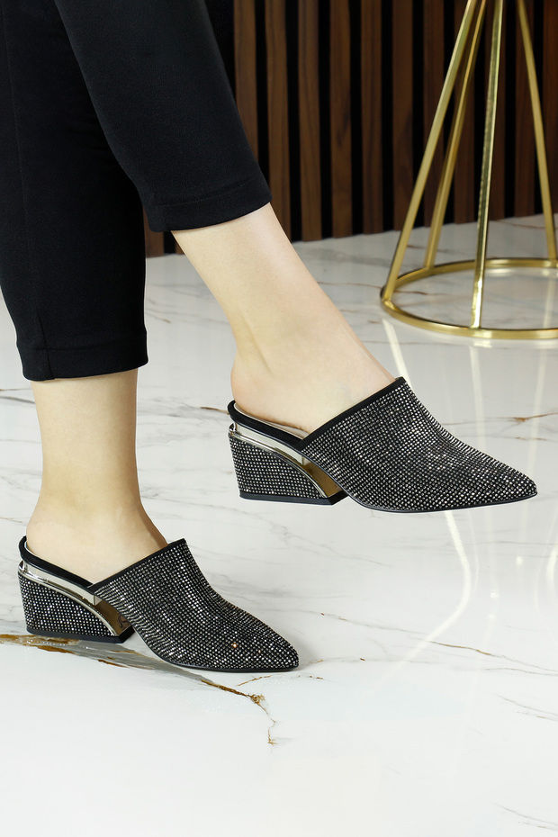 Silvia Platinum Stone Metal Heel Detailed Evening Dress Slippers