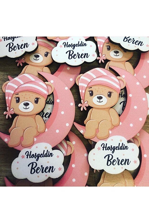 Girl Sitting on the Moon Teddy Bear Wood Print Magnet 30 Pieces and Packaging