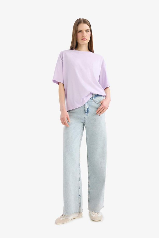 Oversize Geniş Kalıp Bisiklet Yaka Basic Düz Penye Kısa Kollu Tişört C0099AX25SP - 2