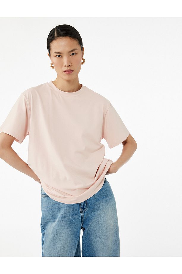 Kısa Kollu Bisiklet Yaka Pamuklu Basic Oversize Tişört - 1