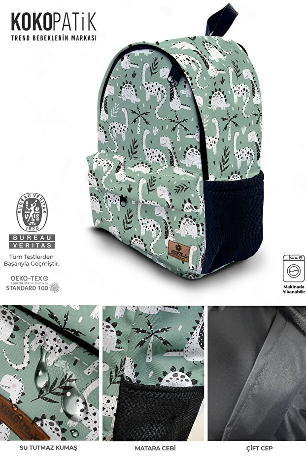 Green Dino Patterned Backpack - 3