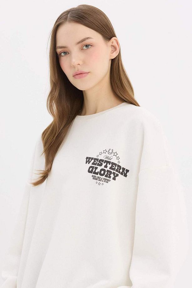 Oversize Geniş Kalıp Bisiklet Yaka Sırt Baskılı Kalın Sweatshirt E4934AX25SP - 8