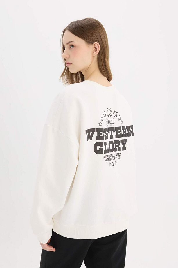 Oversize Geniş Kalıp Bisiklet Yaka Sırt Baskılı Kalın Sweatshirt E4934AX25SP - 4