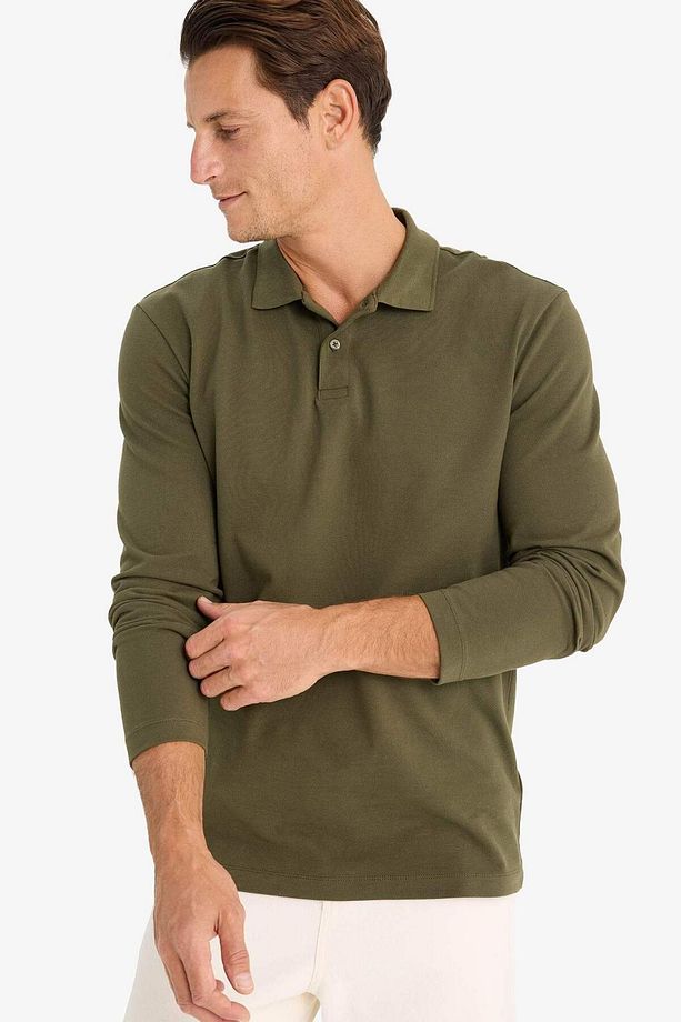 %100 Pamuk New Regular Fit Polo Yaka Basic Düz Uzun Kollu Dokulu Pike Tişört D7530AX25SP - 1