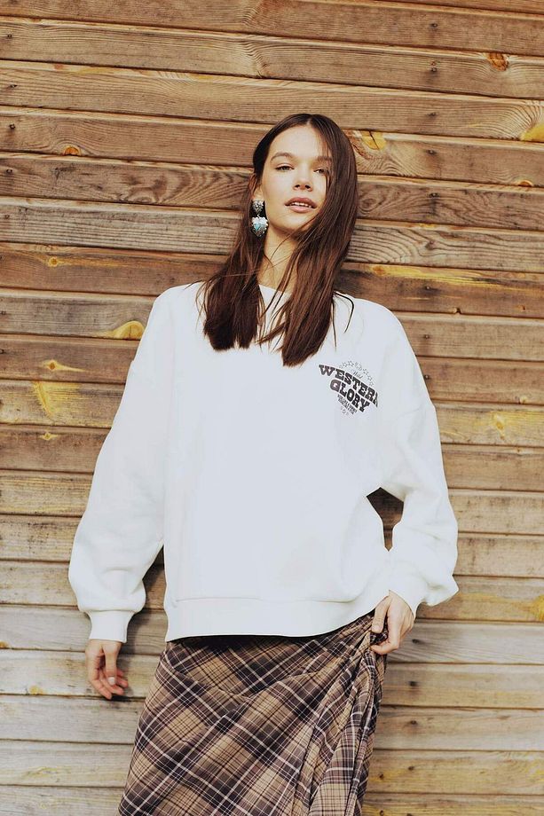 Oversize Geniş Kalıp Bisiklet Yaka Sırt Baskılı Kalın Sweatshirt E4934AX25SP - 2