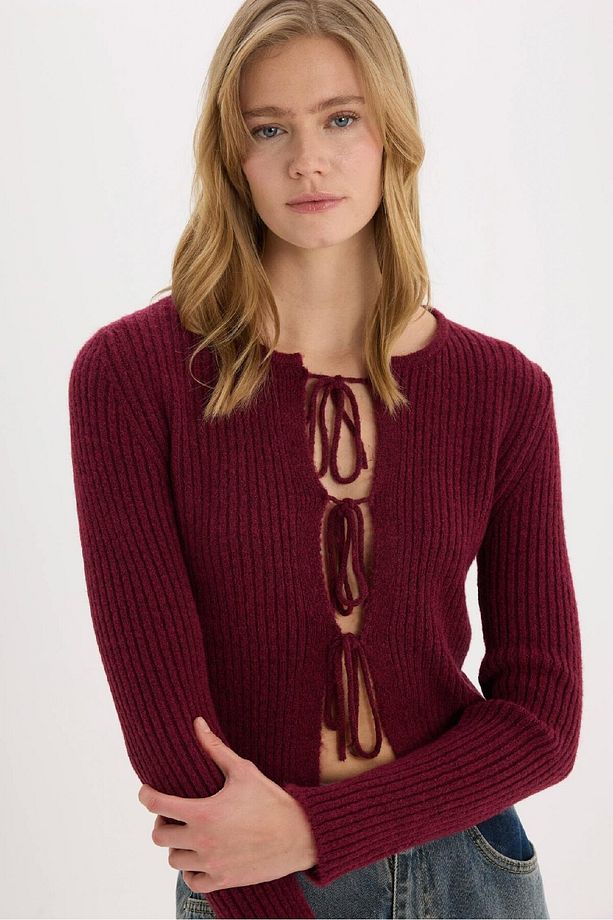 Regular Fit Bisiklet Yaka Bağlamalı Basic Düz Triko Bordo Hırka E6914AX25SP - 4