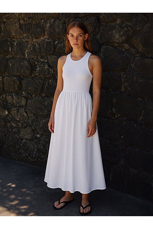 Basıc Askılı Krem Elbise - 1