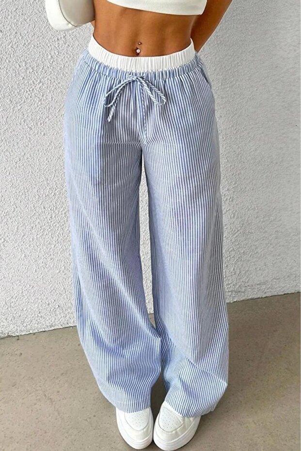 Light Blue White Striped High Waist Relaxed Fit Pants