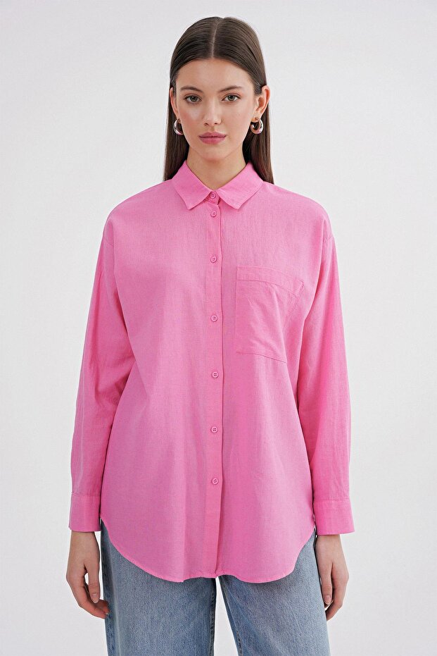 4670 Kadın Cepli Oversize Basic Keten Gömlek Pembe - 1