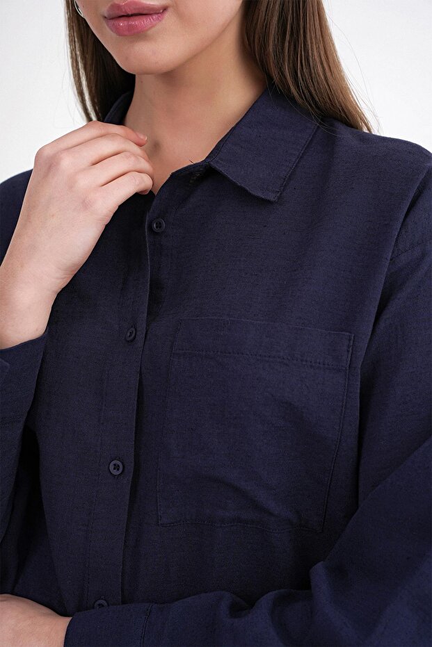 4670 Kadın Cepli Oversize Basic Keten Gömlek Lacivert - 6
