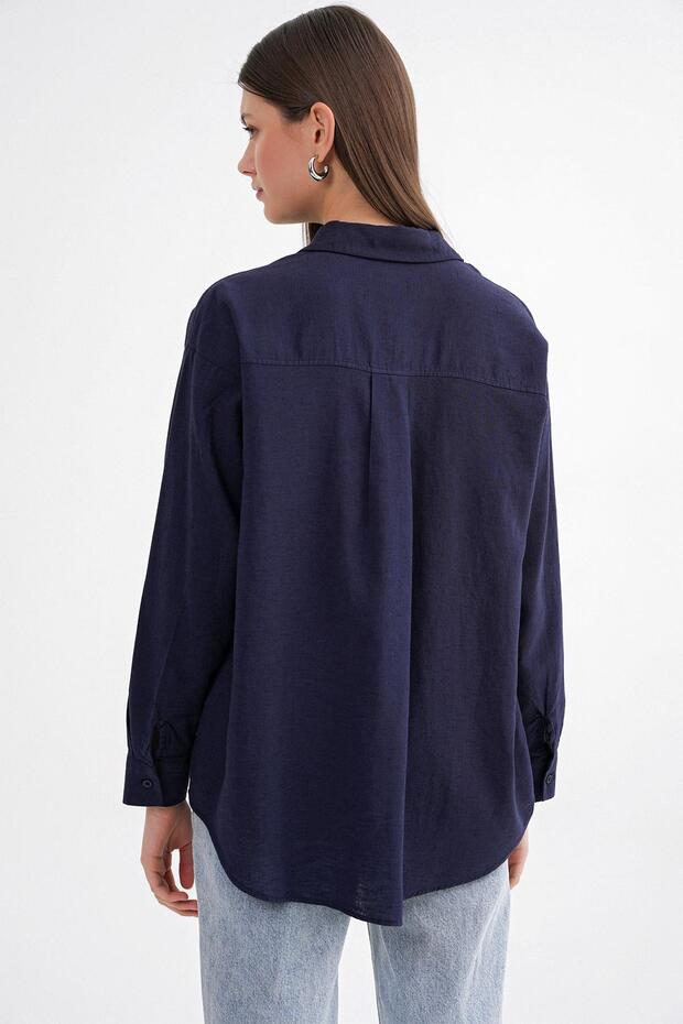 4670 Kadın Cepli Oversize Basic Keten Gömlek Lacivert - 7