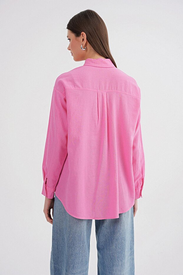 4670 Kadın Cepli Oversize Basic Keten Gömlek Pembe - 5