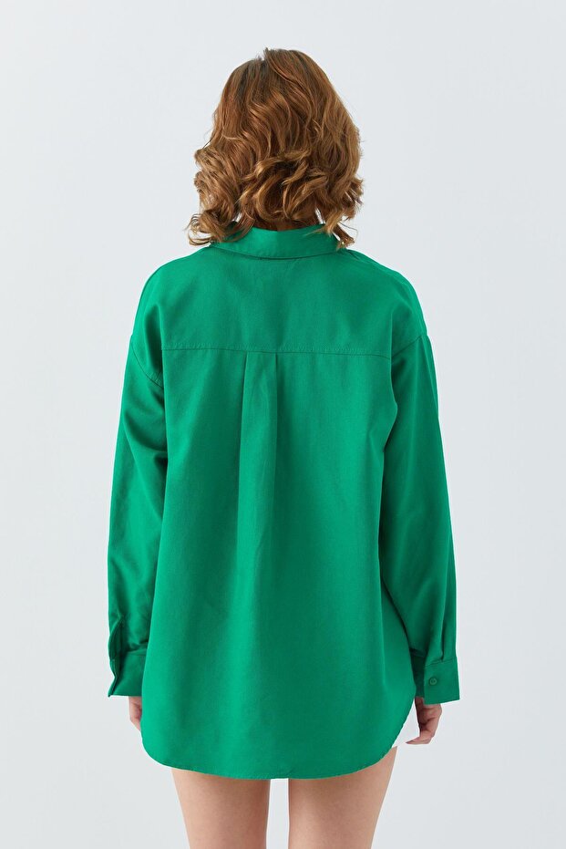 4621 Kadın Arkası Pileli Basic Gömlek Yeşil - 6