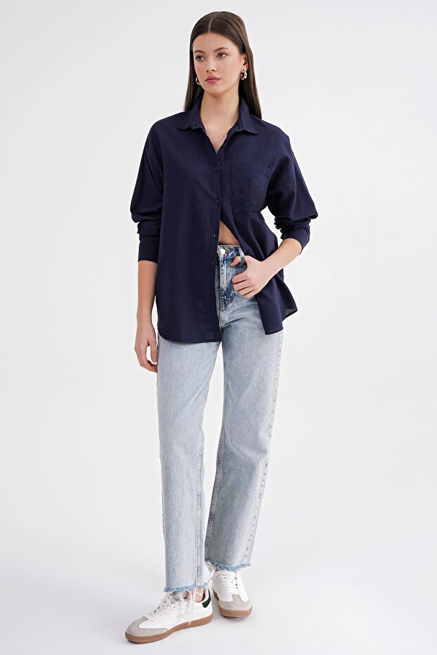 4670 Kadın Cepli Oversize Basic Keten Gömlek Lacivert - 2
