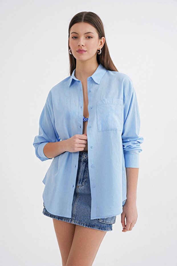 4670 Kadın Cepli Oversize Basic Keten Gömlek Bebe Mavi - 4