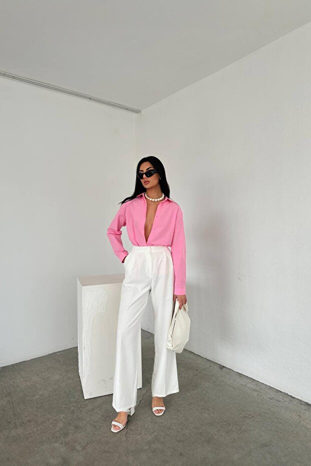 3864 Kadın Oversize Uzun Basic Gömlek Pembe - 2