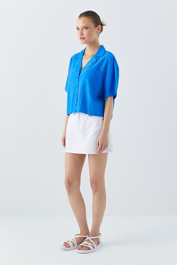 4556 Kadın Cepli Basic Crop Gömlek Saks Mavi - 2