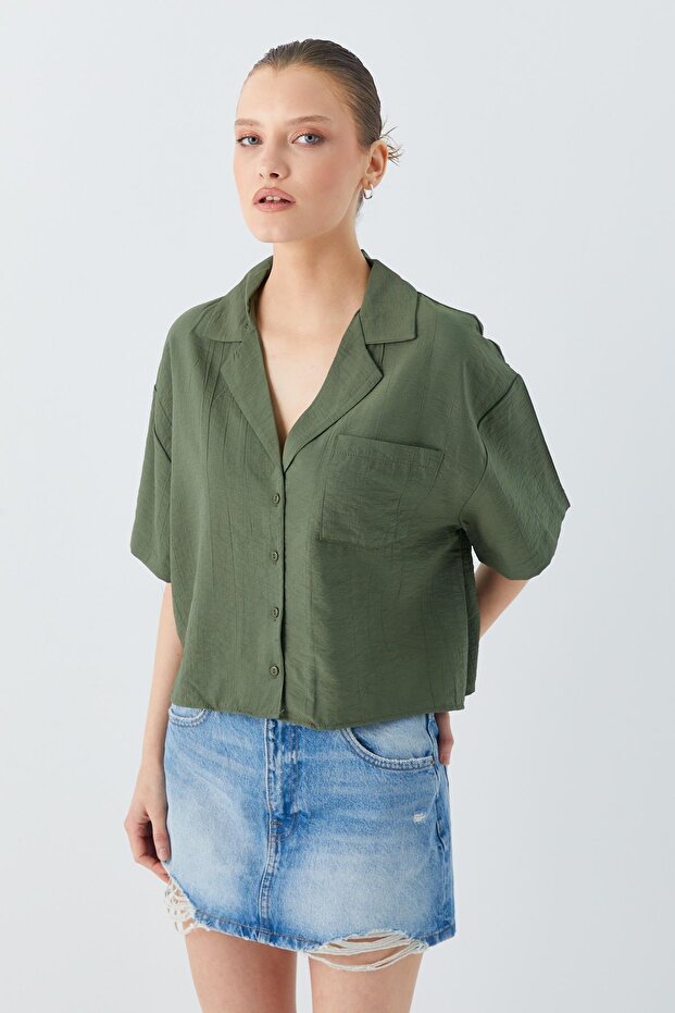 4556 Kadın Cepli Basic Crop Gömlek Haki - 1