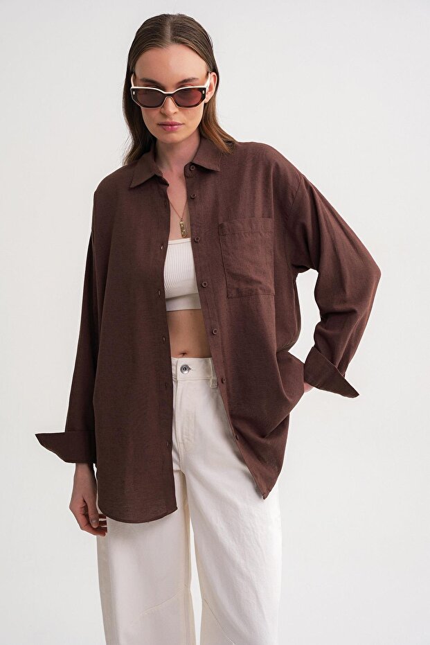 4670 Kadın Cepli Oversize Basic Keten Gömlek Kahve - 5