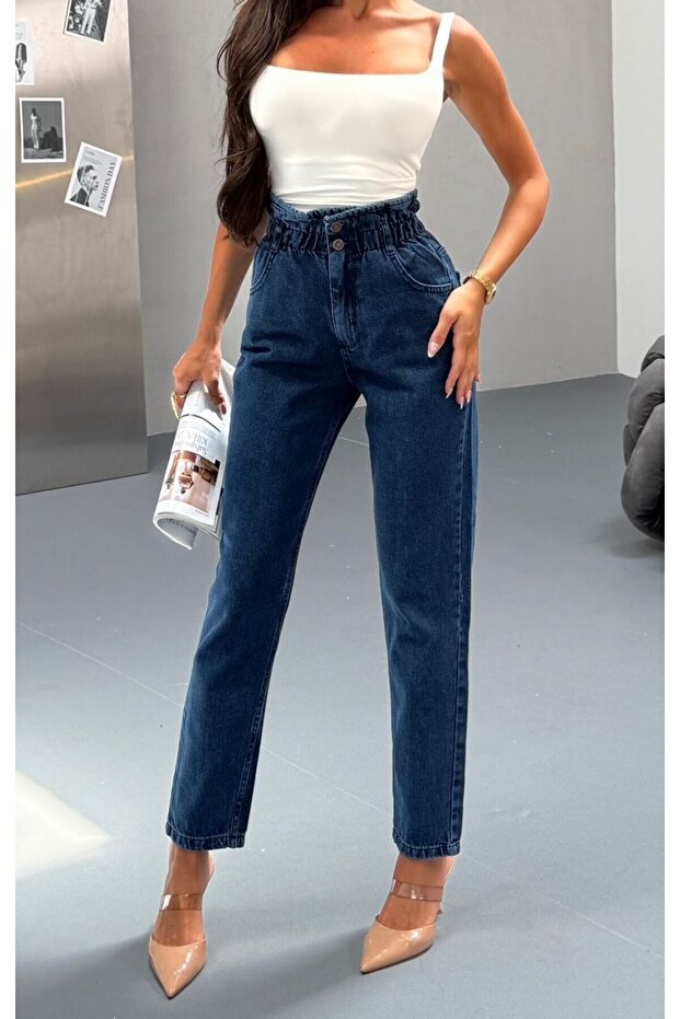 Women's Dark Blue Belt Tight Elastic Mom Jeans Pants