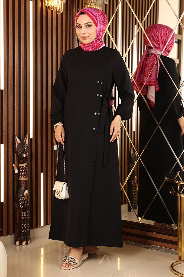 Buttoned Side Tieed Abaya Black 19133 - 1
